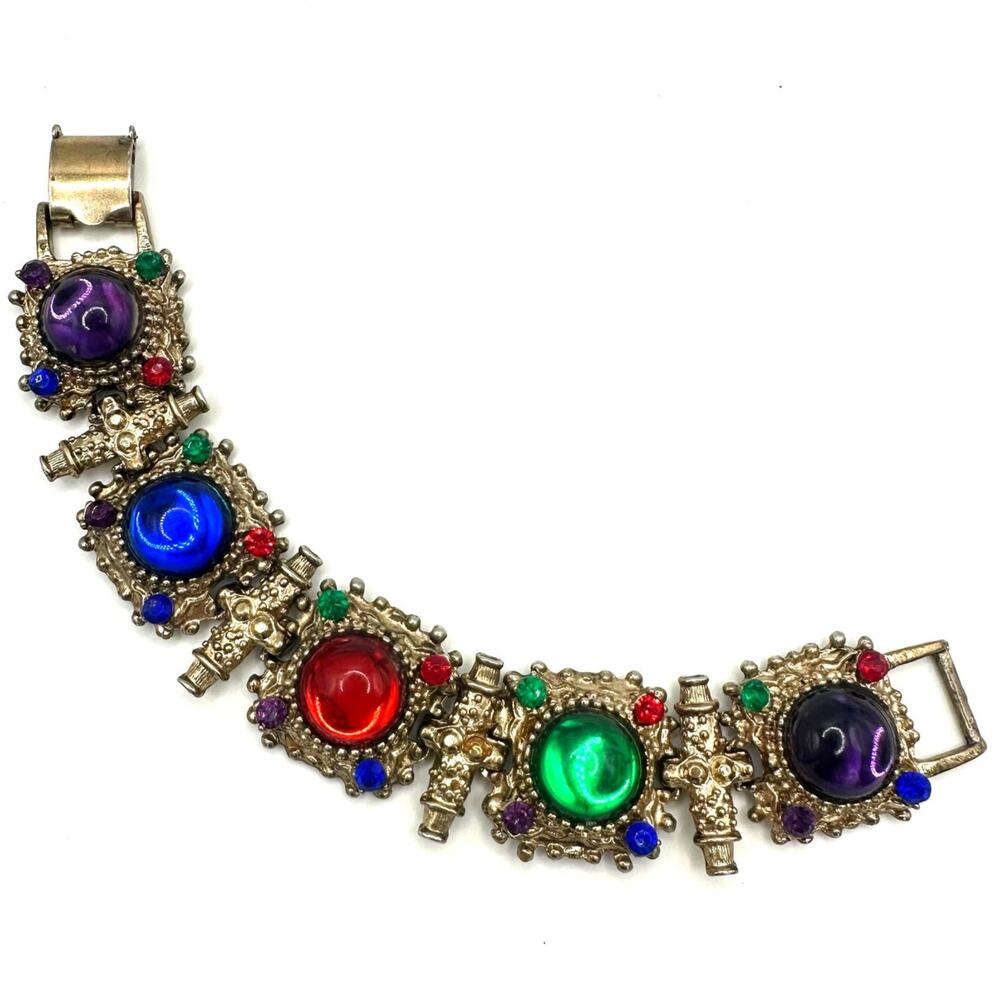 1980s 1990s vintage gold tone multicolor lucite cabochons rhinestones bracelet